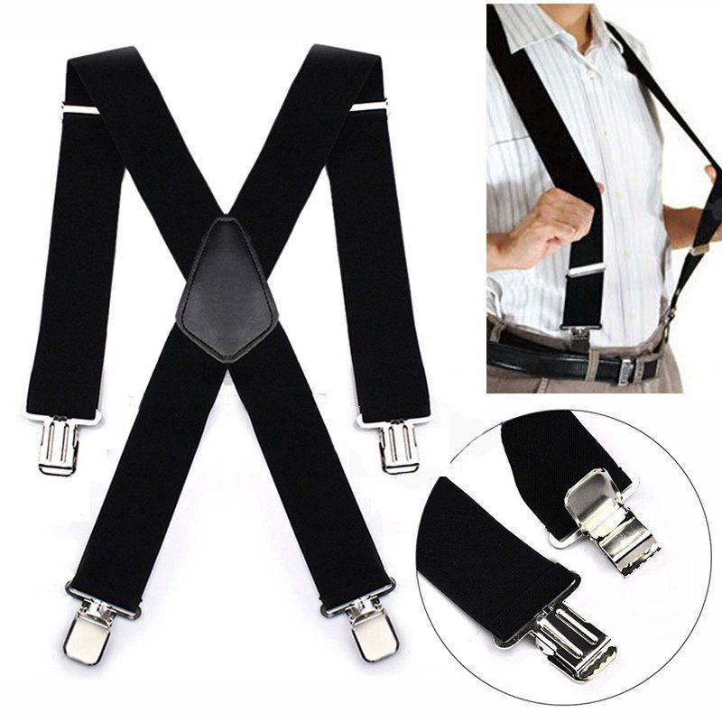 Mens Braces Suspenders Black X-shape Heavy Duty Biker Snowboard Trousers Wide 2″