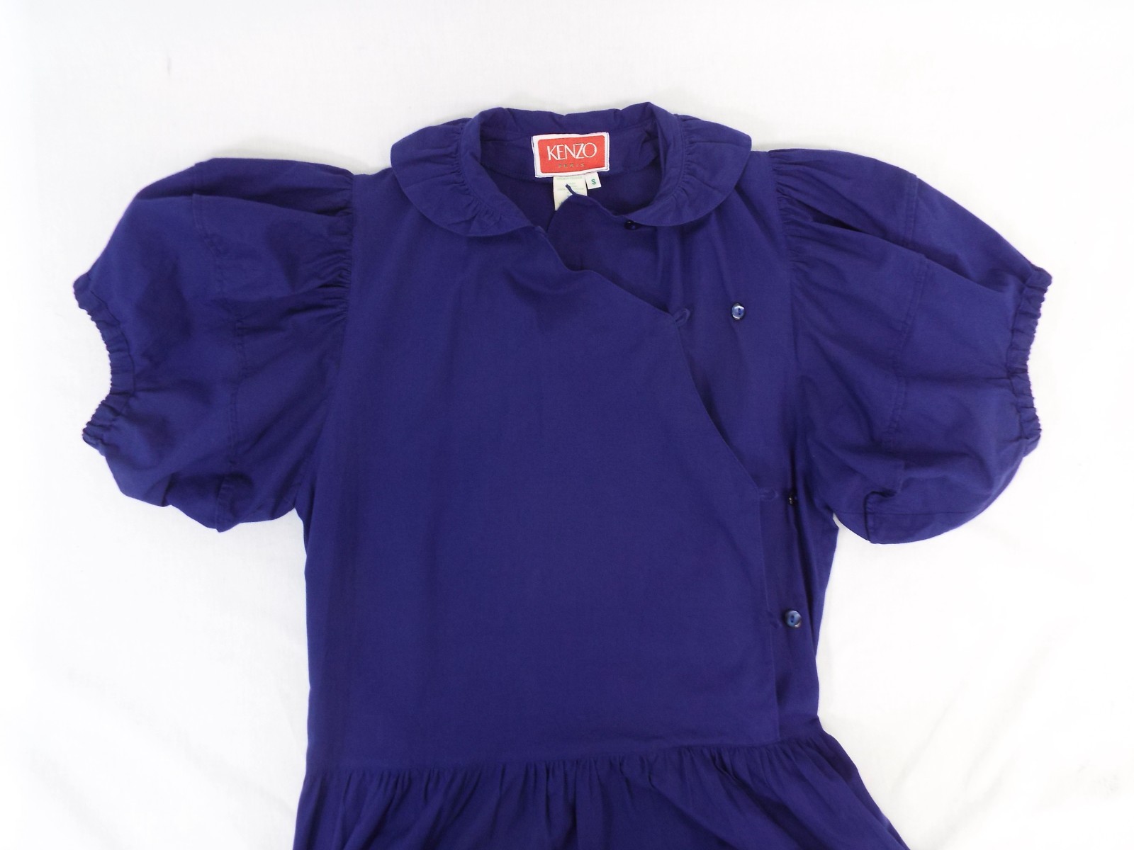 VTG 1980s KENZO Blue Puff Sleeve Dress Small Cotton Asymmetrical Button Wrap Top