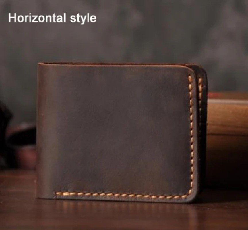 Handmade Vintage Crazy Horse Genuine Leather Men’s Short Wallet for Money Clip