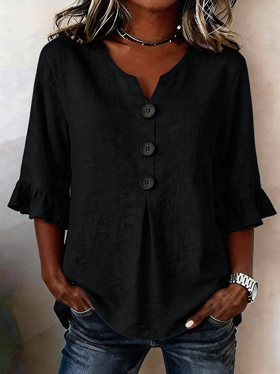 Summer Ruffled-Sleeve Top Loose Casual V-Neck Buttons Short-sleeved Shirts Women
