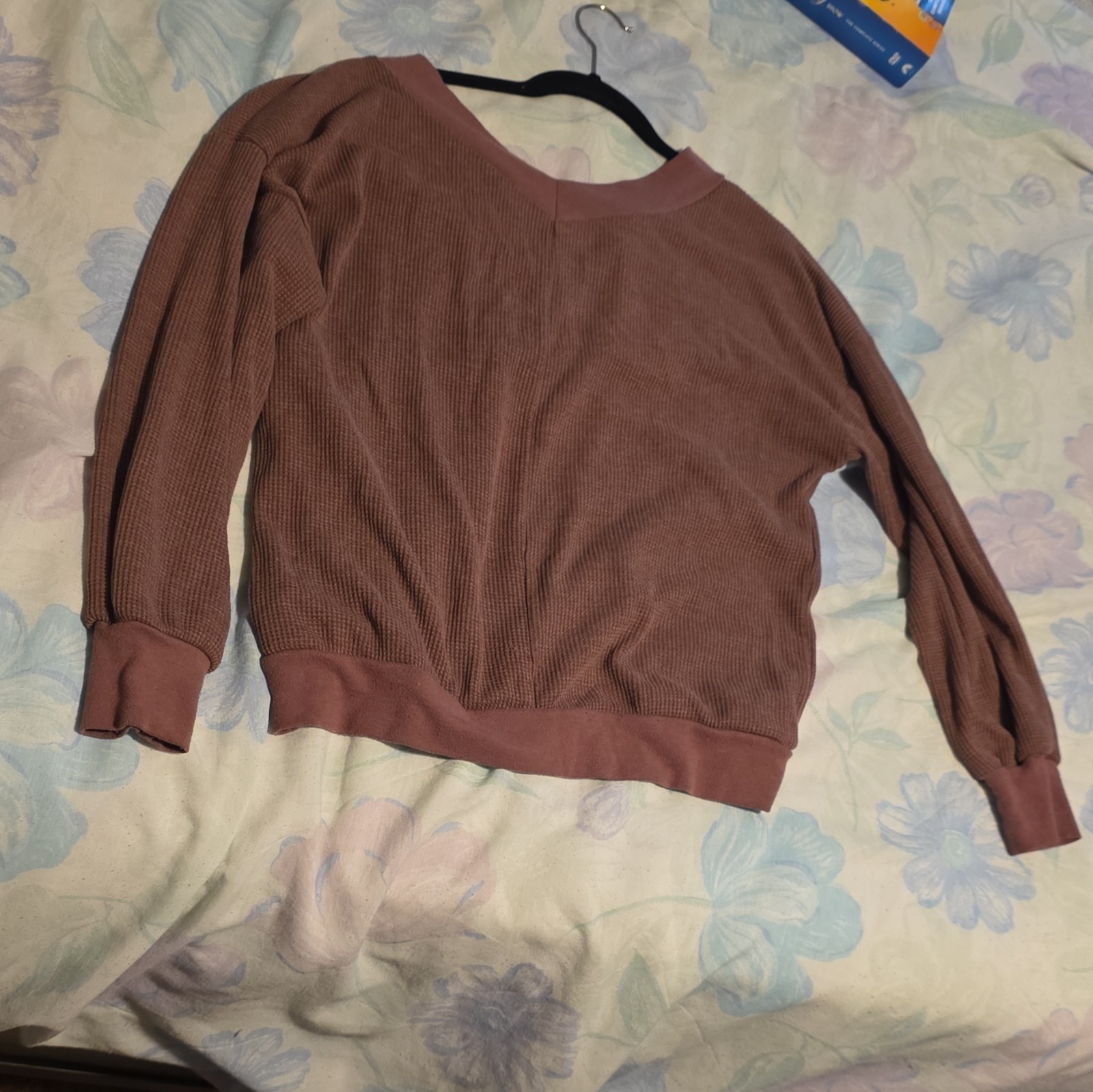Unknown Factory Women’s Brown Waffle-Knit V-Neck Cotton Pullover Sweater M