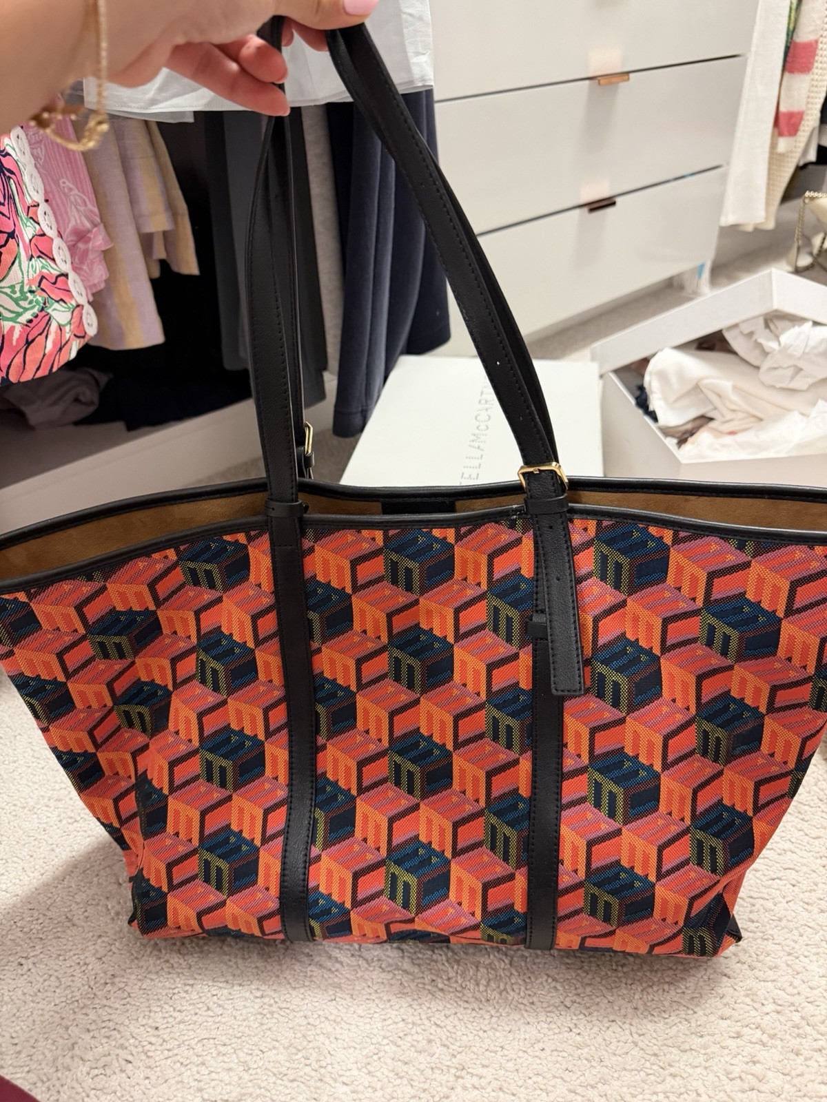 MCM Geometric Multicolor Tote Bag w/ Removable Pouch, Black Handles, Gold HW