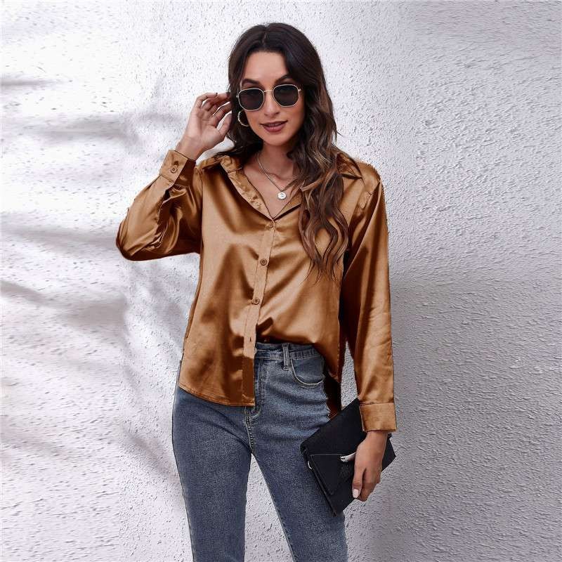 Women’s Shirts Satin Silk Lapel Long Sleeve Button Blouse Top Office Ladies