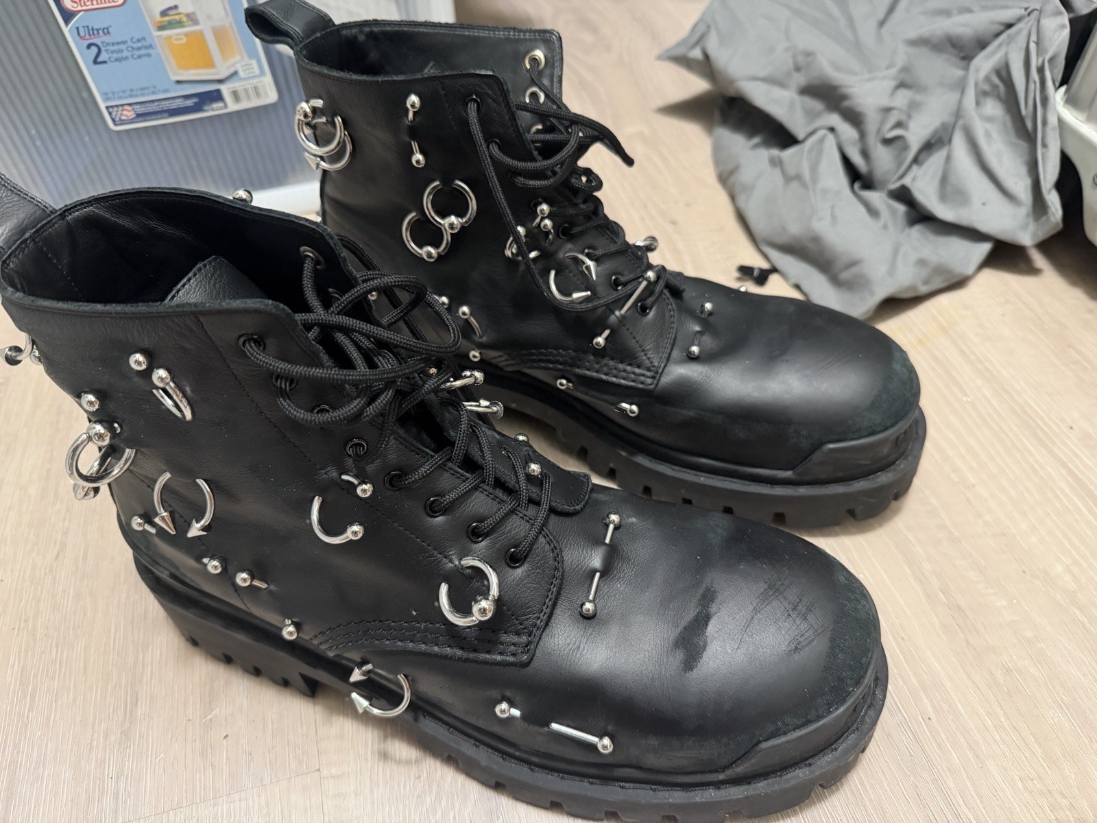 Balenciaga Men’s Black Leather Studded Strike Combat Ankle Boots Lace Up 12