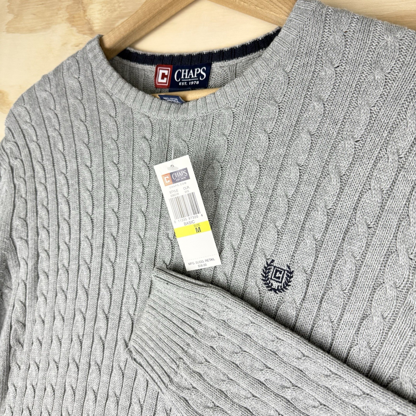 Men’s Chaps Sweater Medium Cable Knit Chunky Fisherman Pullover Crewneck Sweater