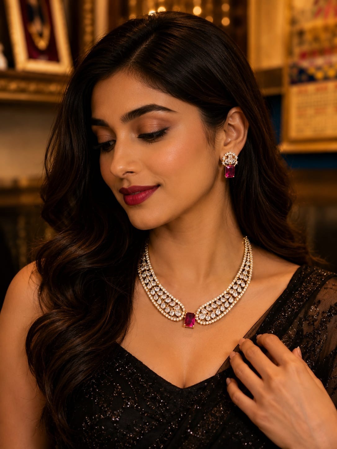 Luxury Ruby Pink Crystal Necklace Set with Earrings Gold Plated Bridal Jewelry