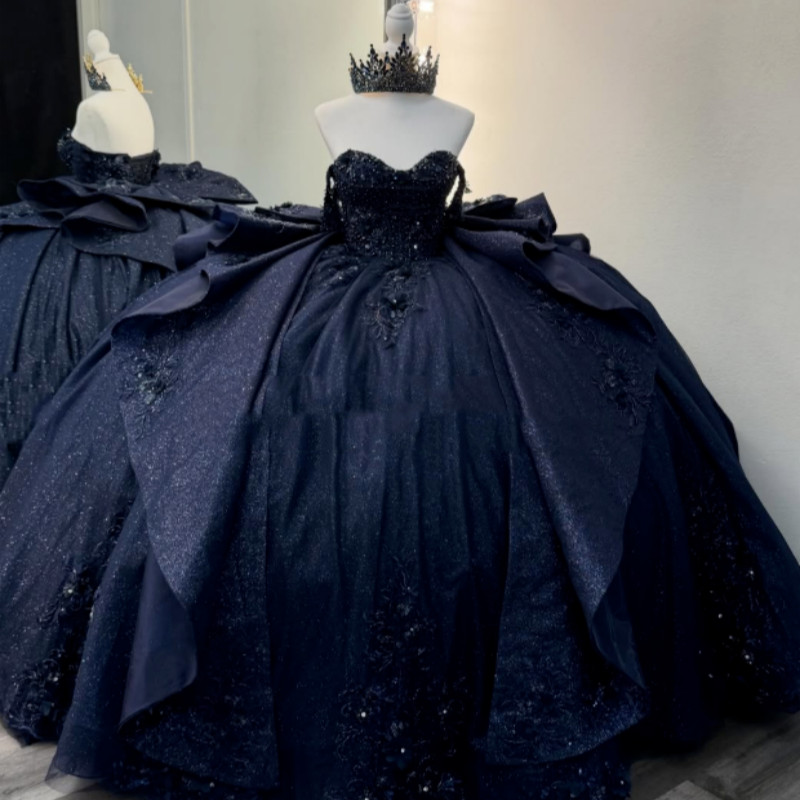Navy Glitter Quinceanera Ball Gown Beaded Lace Big Satin Bow Sweet 16 Dress