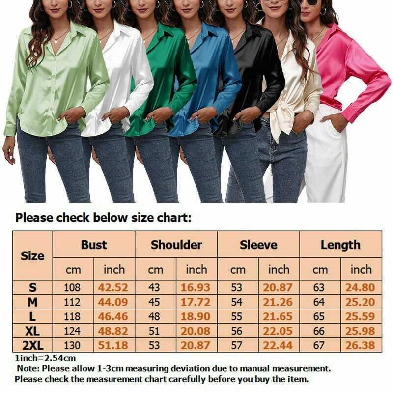 Women’s Shirts Satin Silk Lapel Long Sleeve Button Blouse Top Office Ladies