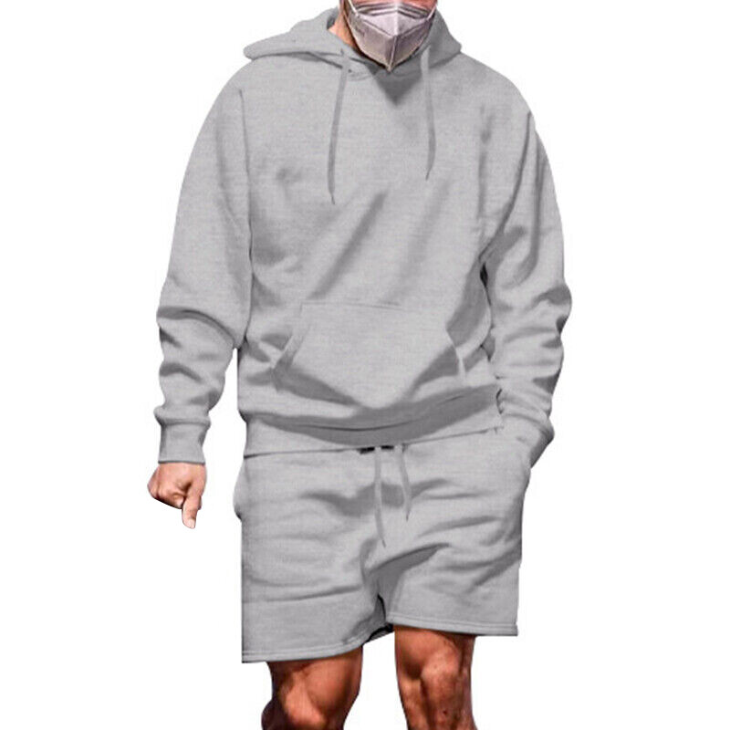 2PC Mens Long Sleeve Hoodie+Shorts Tracksuit Set Casual Baggy Solid Outfit Suit