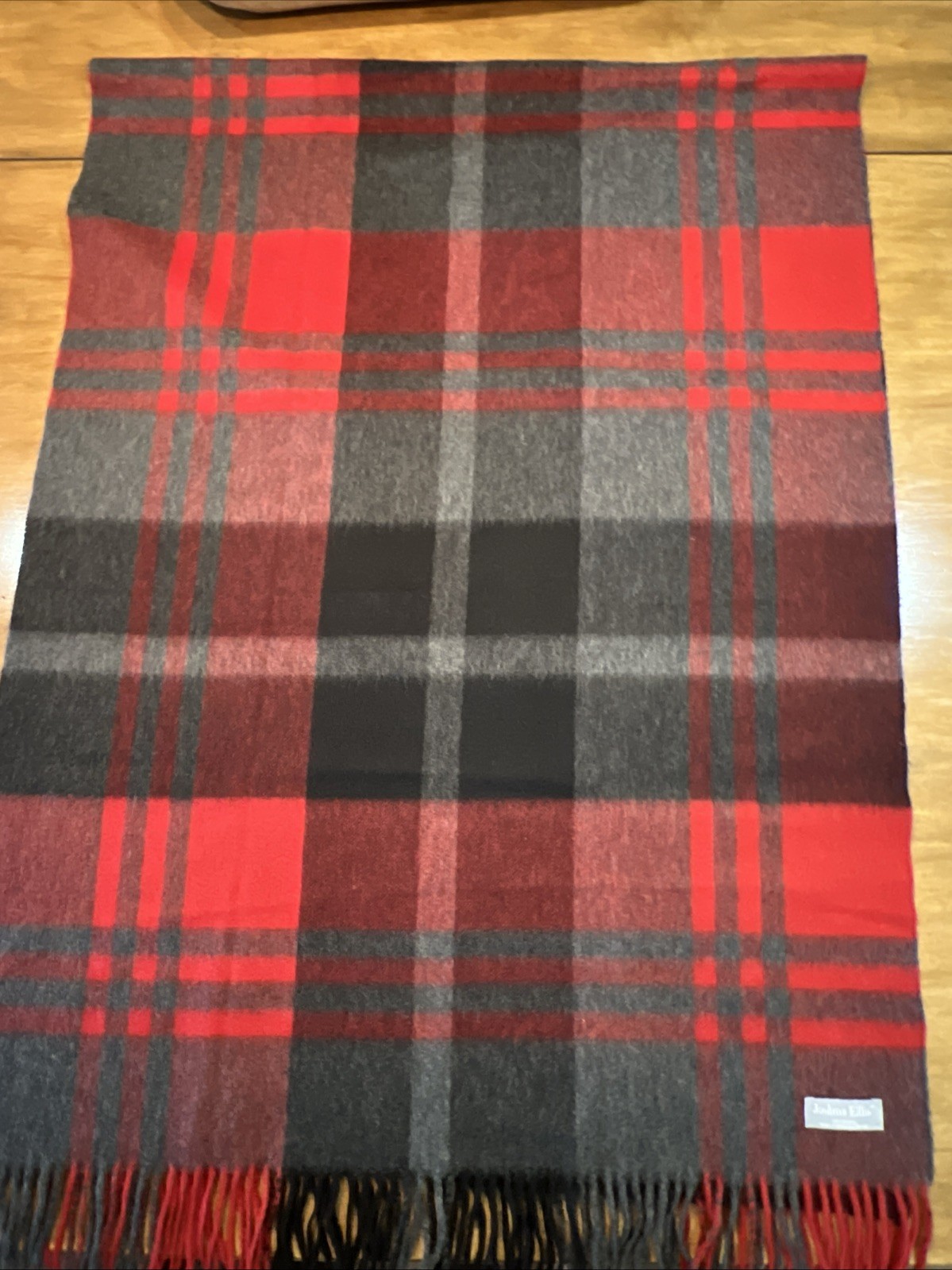 Joshua Ellis 100% Cashmere Red Gray Plaid Check Scarf 28×75
