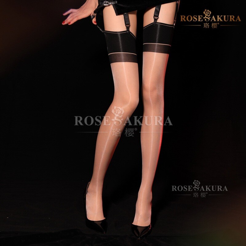 Rose Sakura Retro Cuban Heel Silky Oil Shiny Shimmery Stockings Thigh High 7250