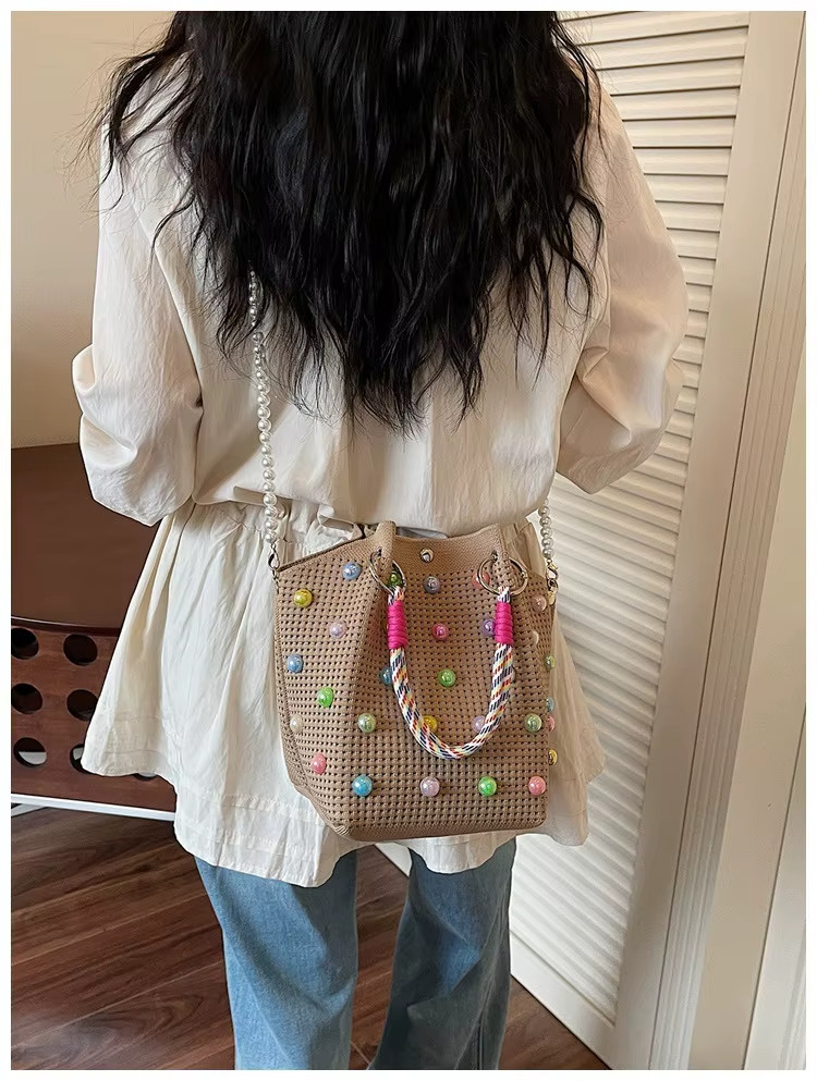 2026 Women Mini Woven Bucket Bag Candy Bead Top Handle Crossbody Handbag