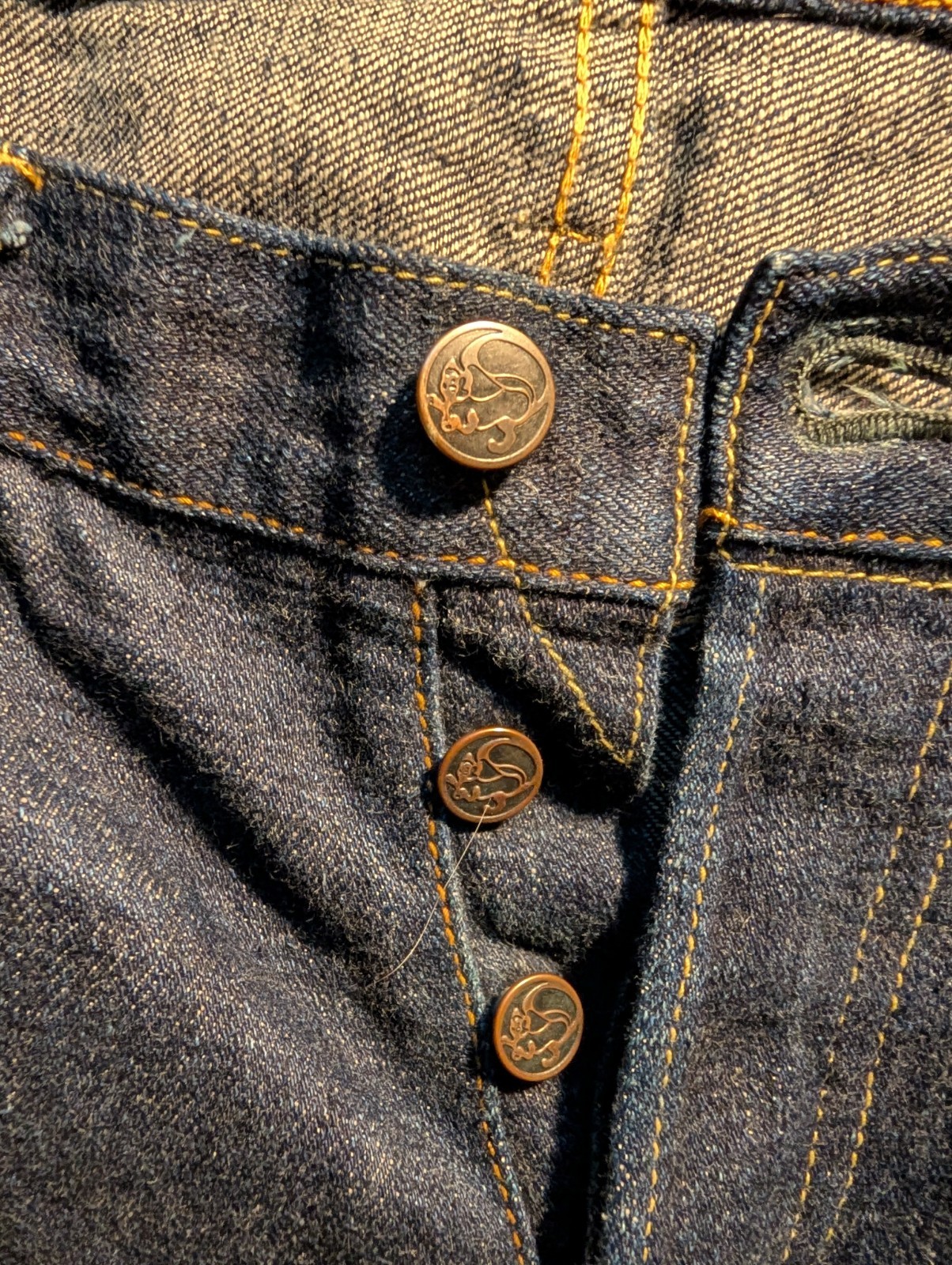Tanuki Denim Selvedge Jeans – Slim fit, low rise, button fly.