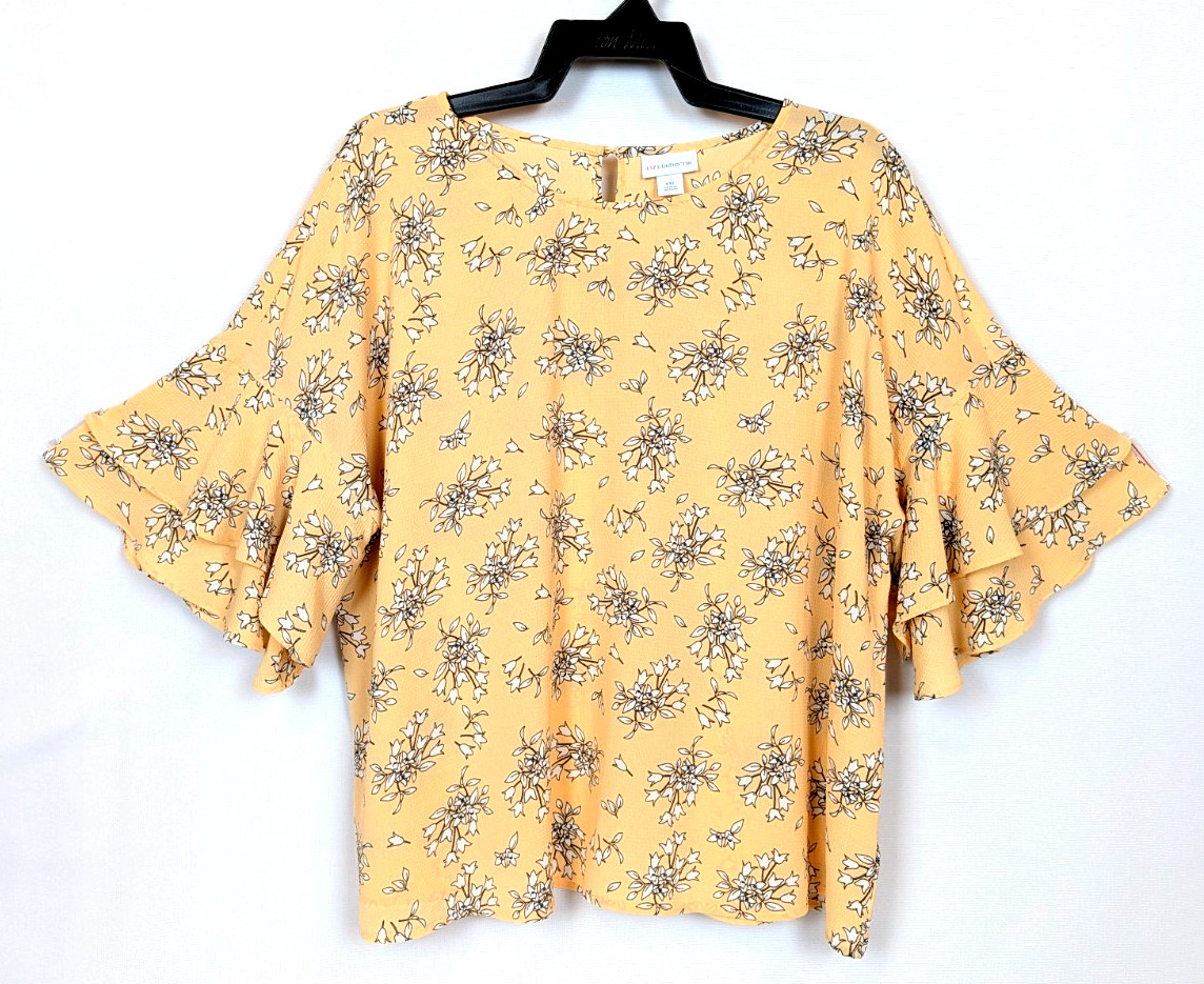 Liz Claiborne Women’s 2XL Yellow Floral Polyester Spandex Double Ruffle Cuff Top