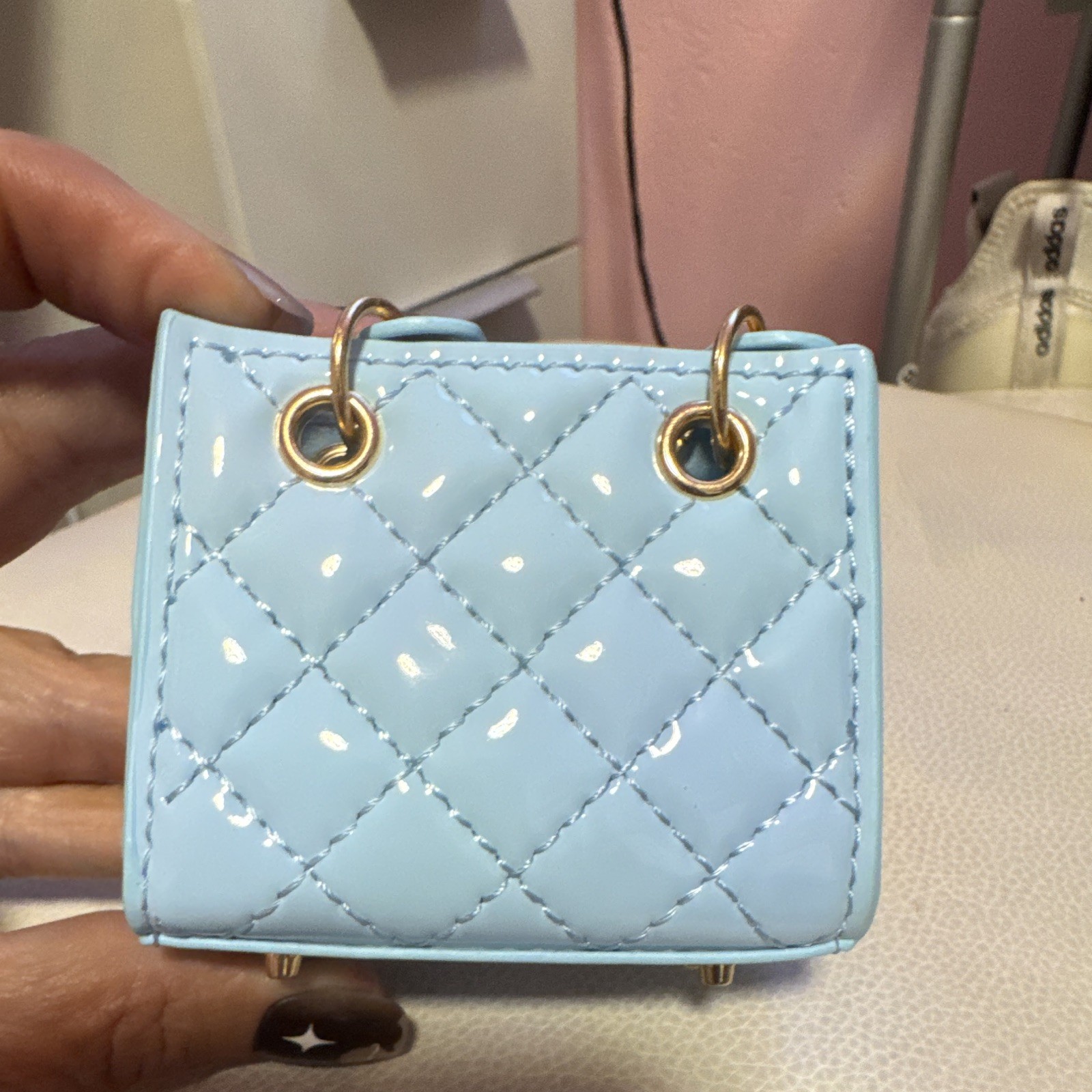 Quilted Mini Handbag Key Chain Bag Charm w/ Keyring, Faux Leather, Blue Gold