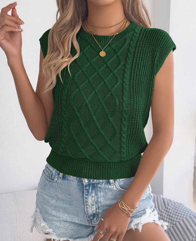 Casual Round Neck Batwing Sleeveless Cable Knit Cropped Sweater Top