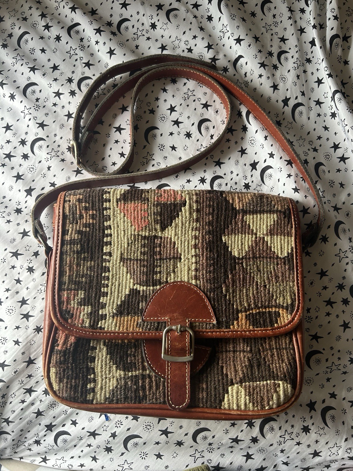 Vintage Genuine Kilim Wool Leather Woven Crossbody Shoulder Bag Made in Turkey