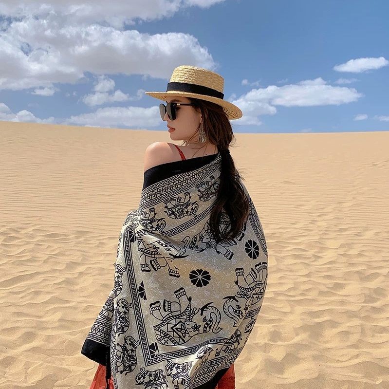 Elephant Print Scarf Shawl Wrap Ethnic Lightweight Cover for Summer Travel Sun