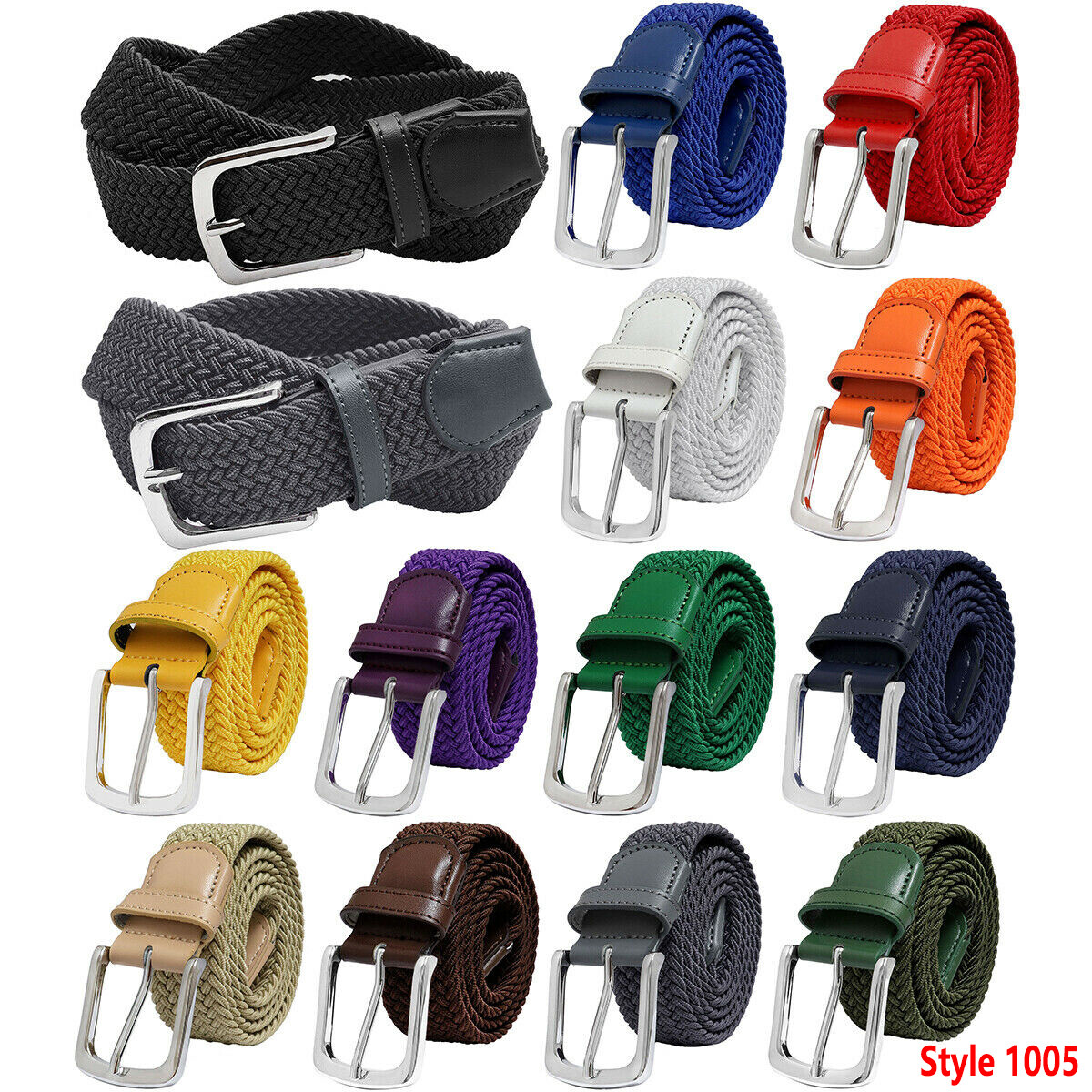 Falari Silver Black Buckle Braided Stretch Belt Canvas Fabric Woven Elastic Belt