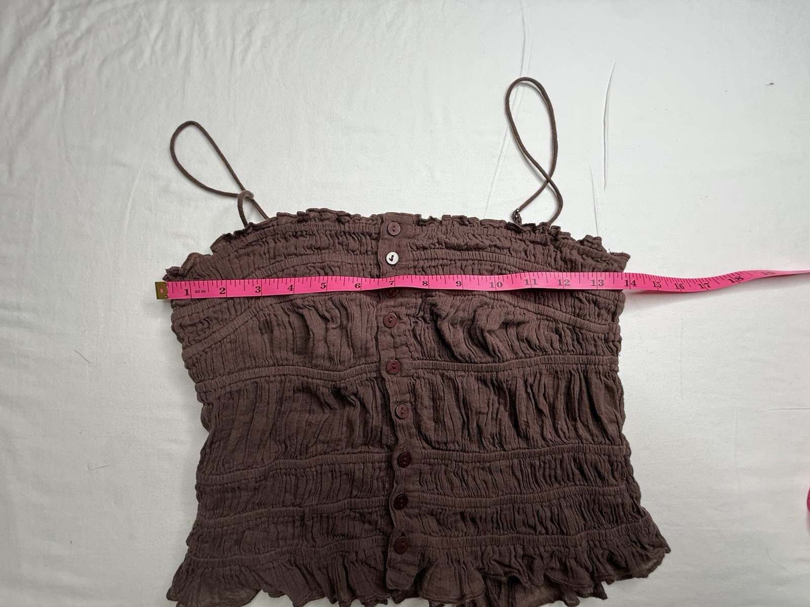 FP One Brown Solid Square Neck Smocked Button Ruffle Knit Cotton Cami Tank S
