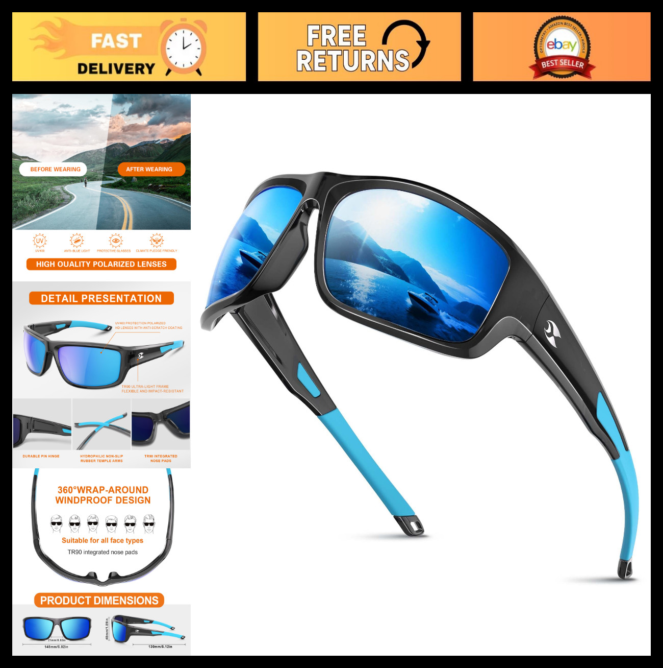 Polarized UV400 Sports Sunglasses for Men & Women – Wrap Around for Golf, Fishin