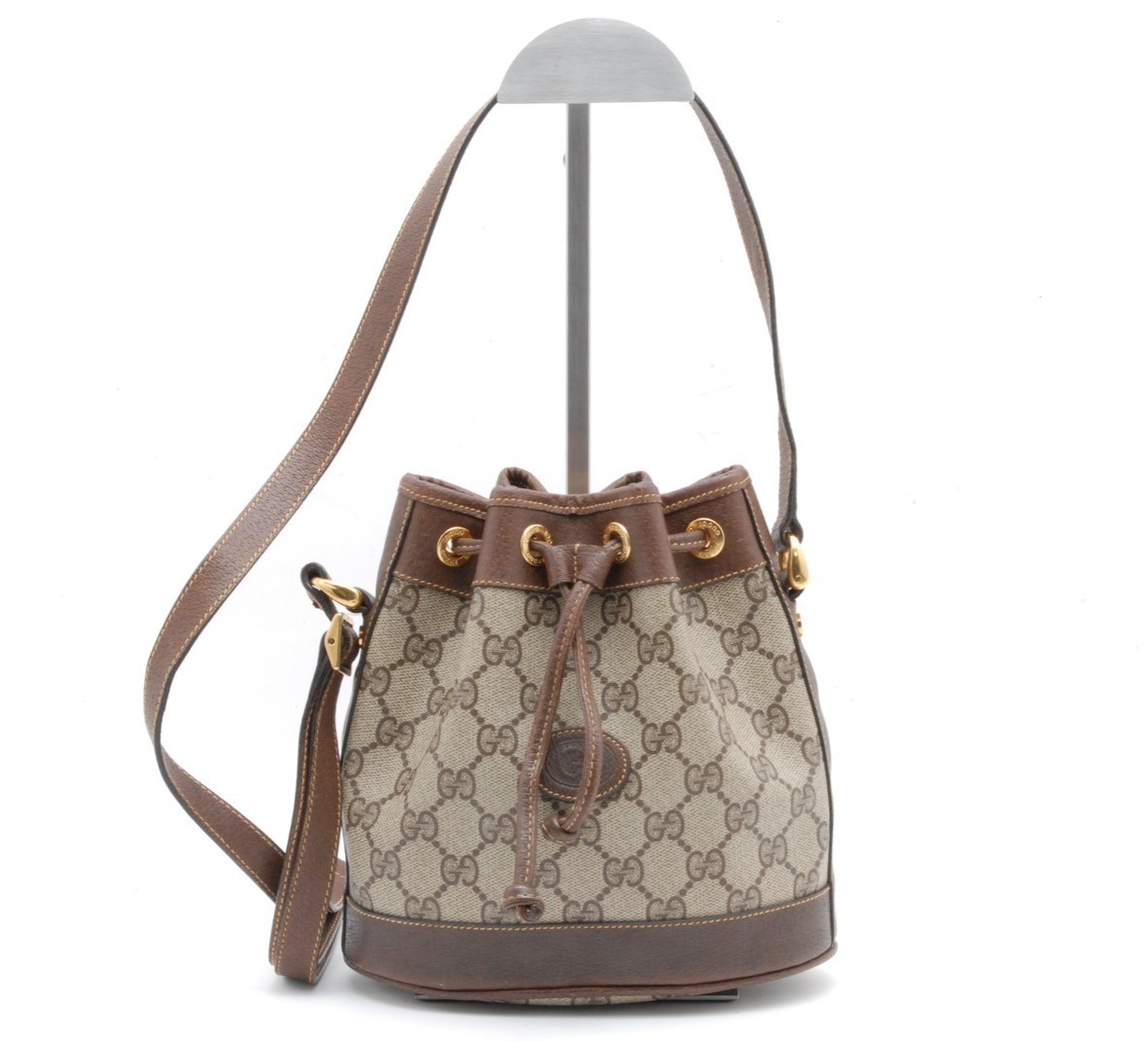 Gucci GG Supreme Drawstring Bucket Shoulder Bag PVC Leather Brown Vintage