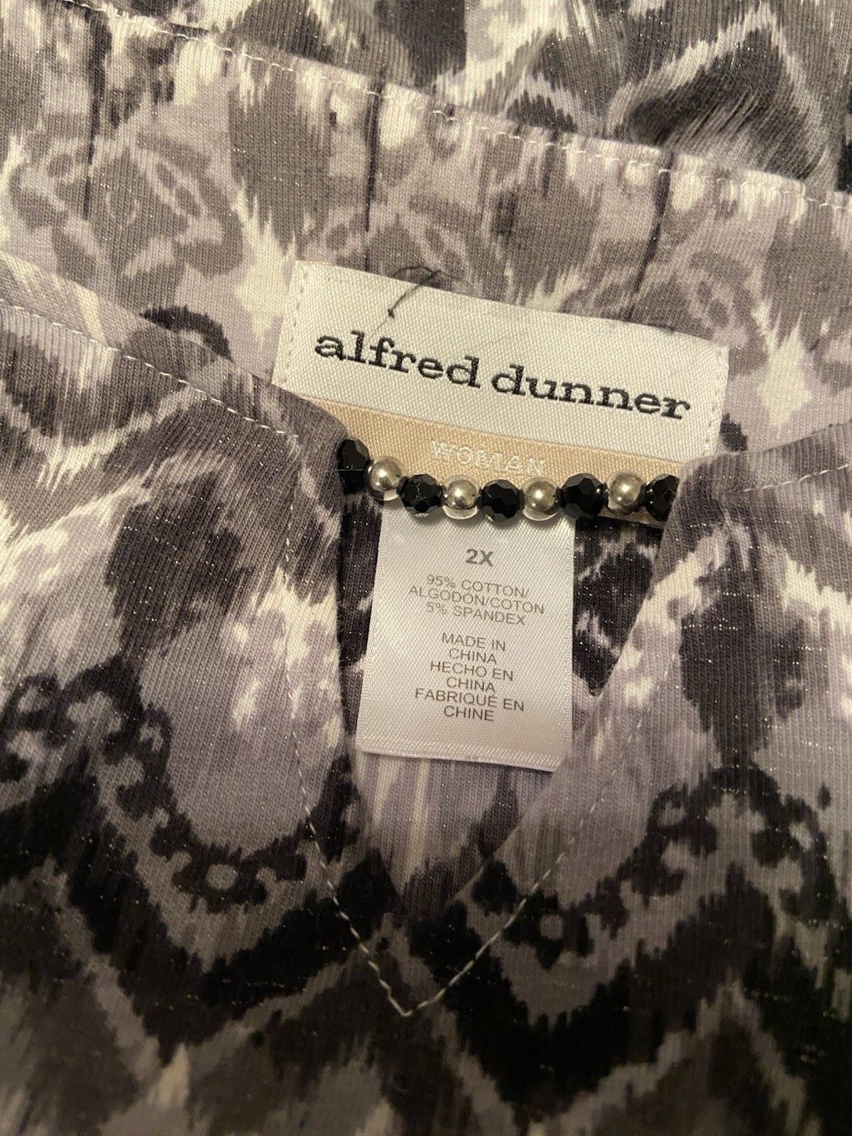 Alfred Dunner Women’s 3/4 Sleeve Shirt Size 2X Black/Gray/White (Cotton/Spandex0