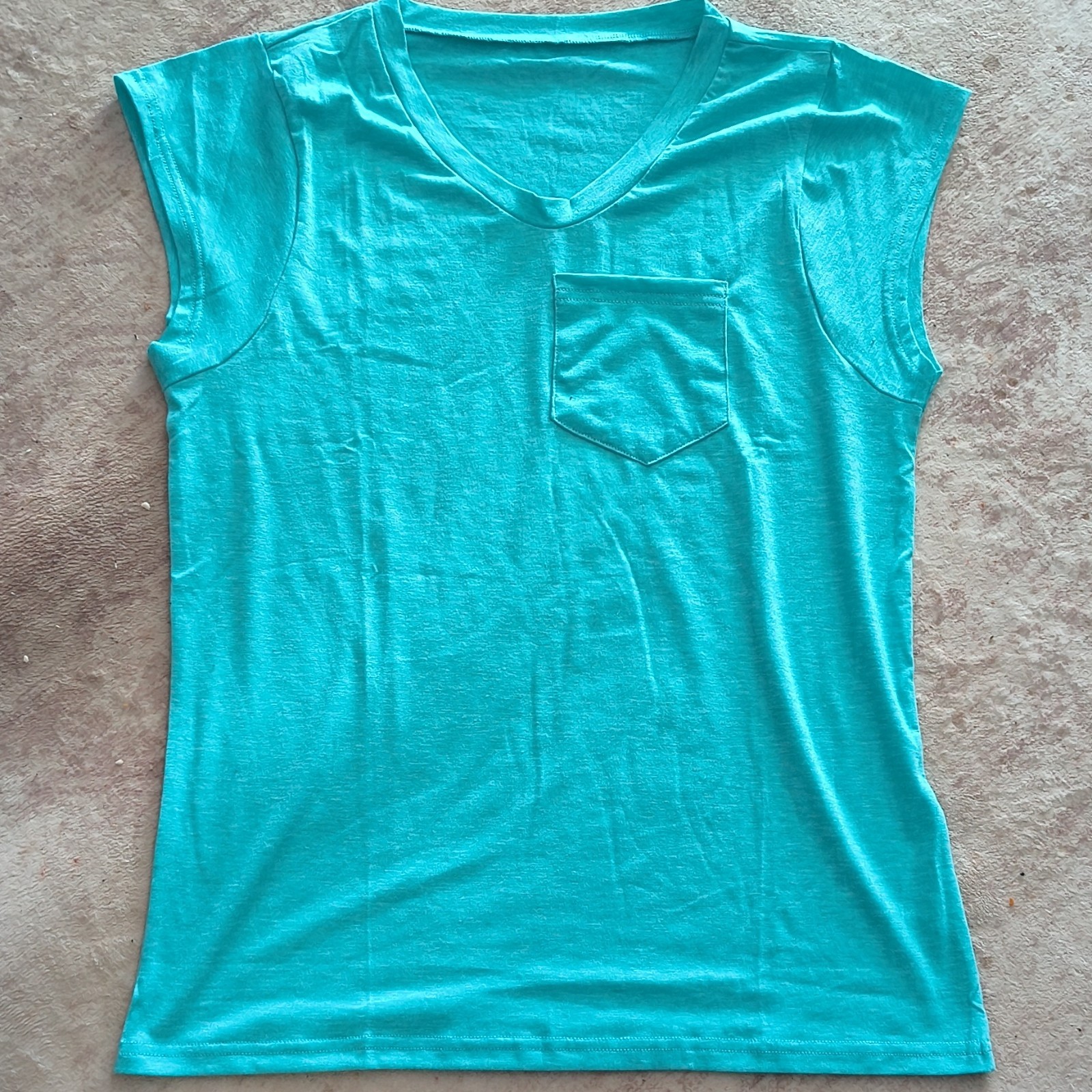 Women’s Teal Solid Knit V-Neck Sleeveless Pullover T-Shirt Top Pocket Size L