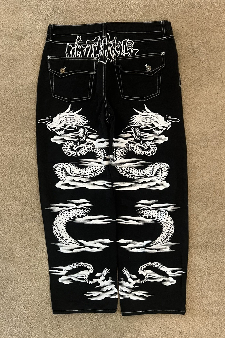 Ninth Hall Zumiez Wide Leg Jeans Black Sz 34 Dragon Skater Punk Grunge Goth NEW