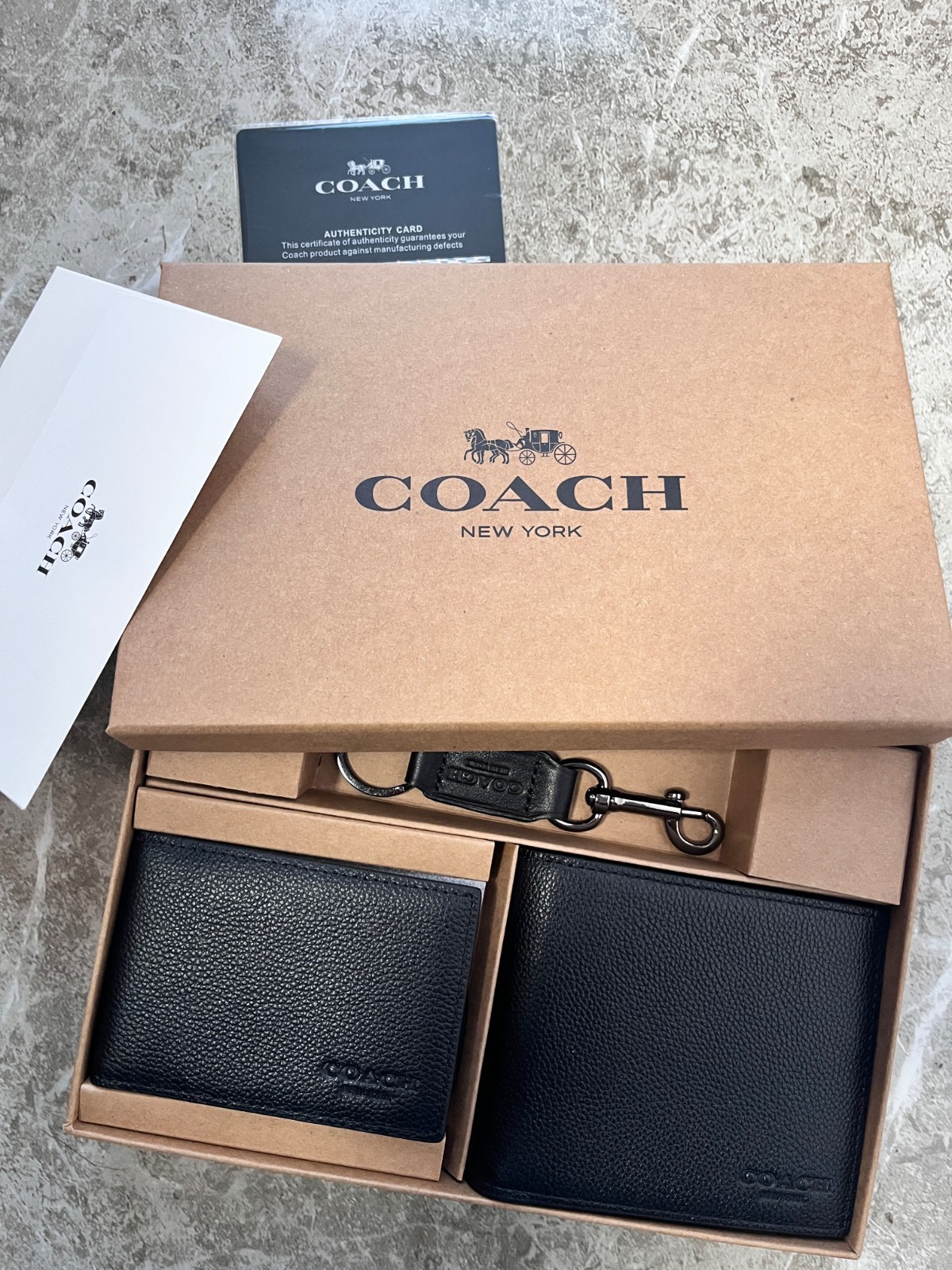 Coach Men’s Black Leather Bifold Wallet with Keychain Gift Set, Brand New in Box