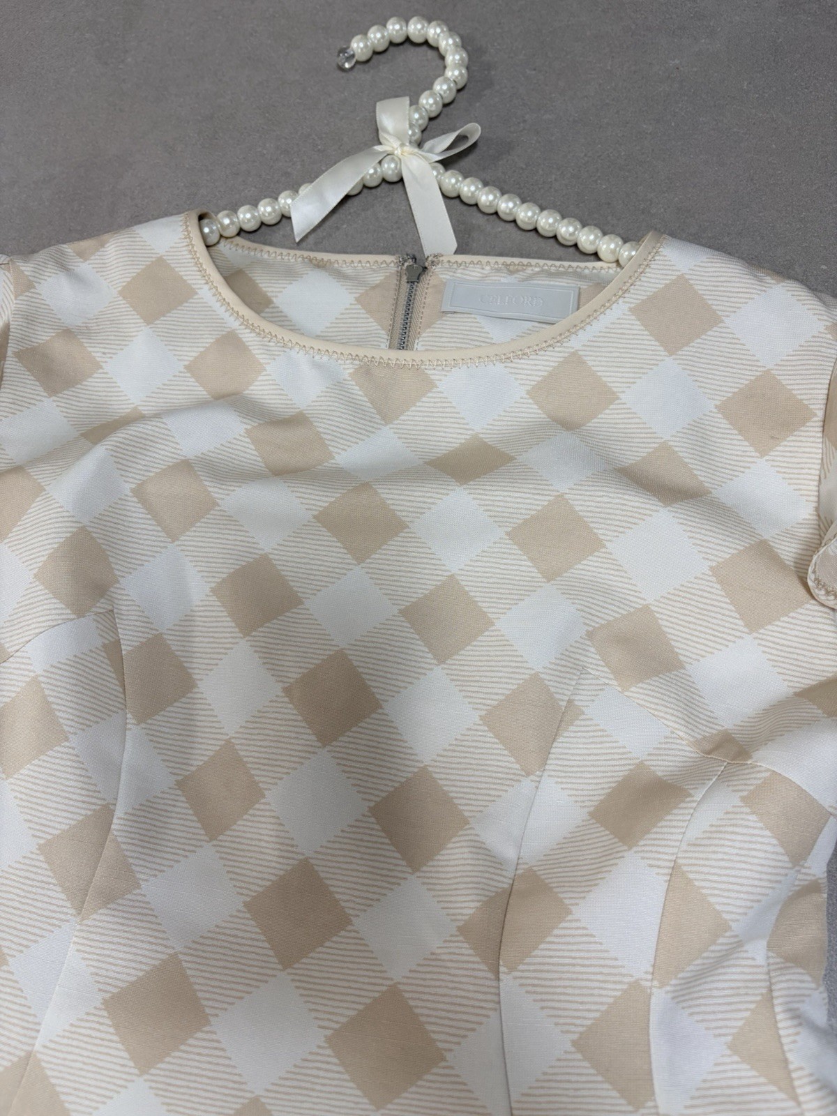 CELFORD Gingham Check Flare Dress Size 36 Beige White Ruffle Sleeve Japan