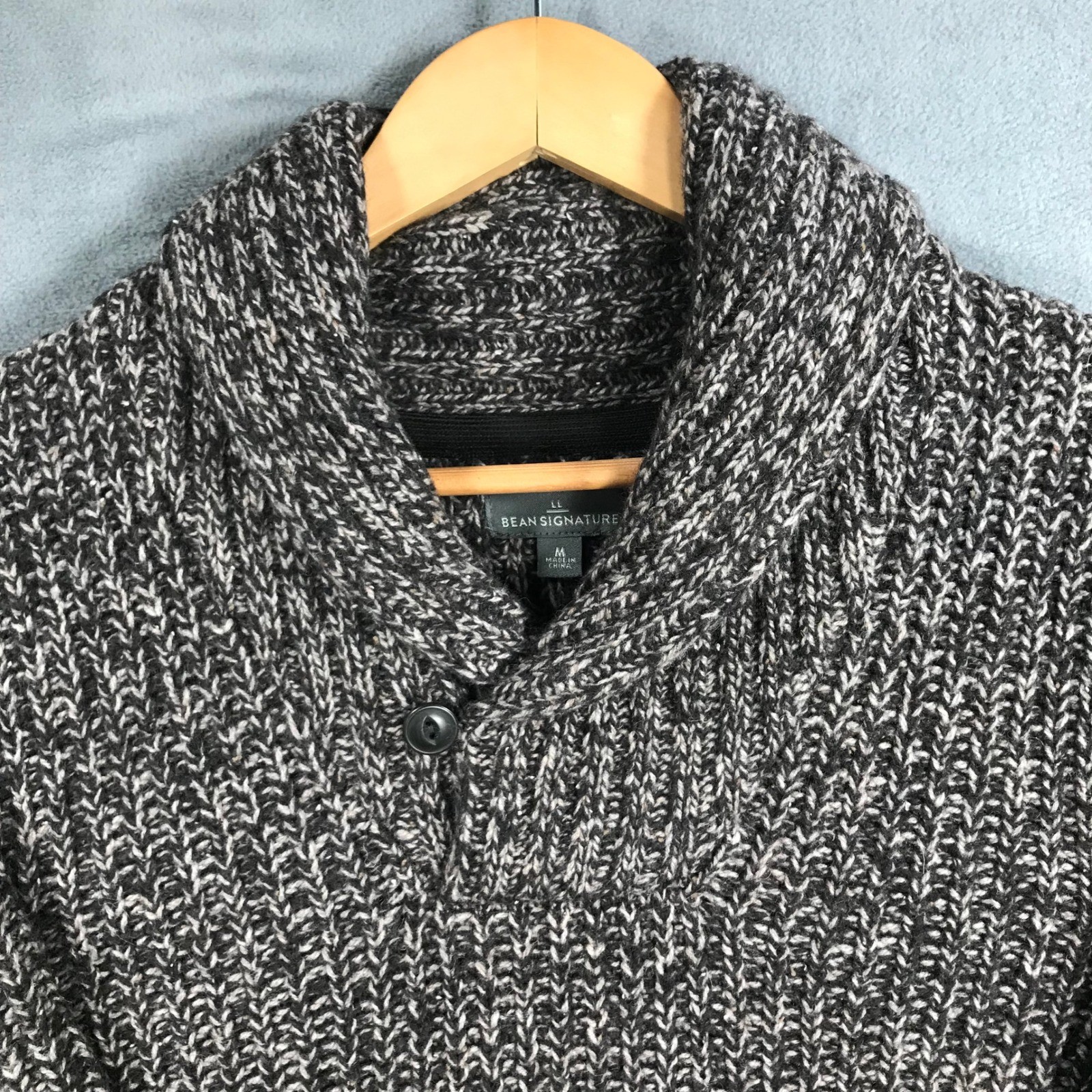 LL Bean Signature Shawl Collar Sweater Marled Brown LambsWool Mens M Fisherman
