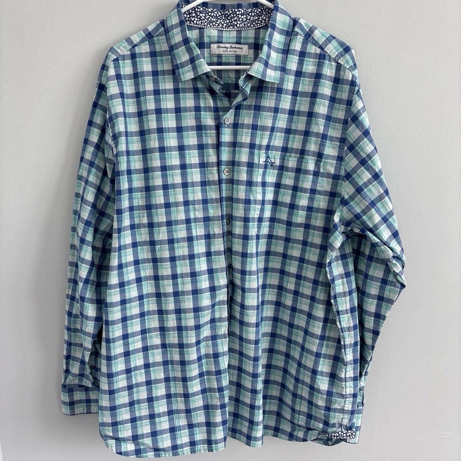 Tommy Bahama Button Down Shirt Mens Size XL Blue Plaid Pima Cotton Long Sleeve