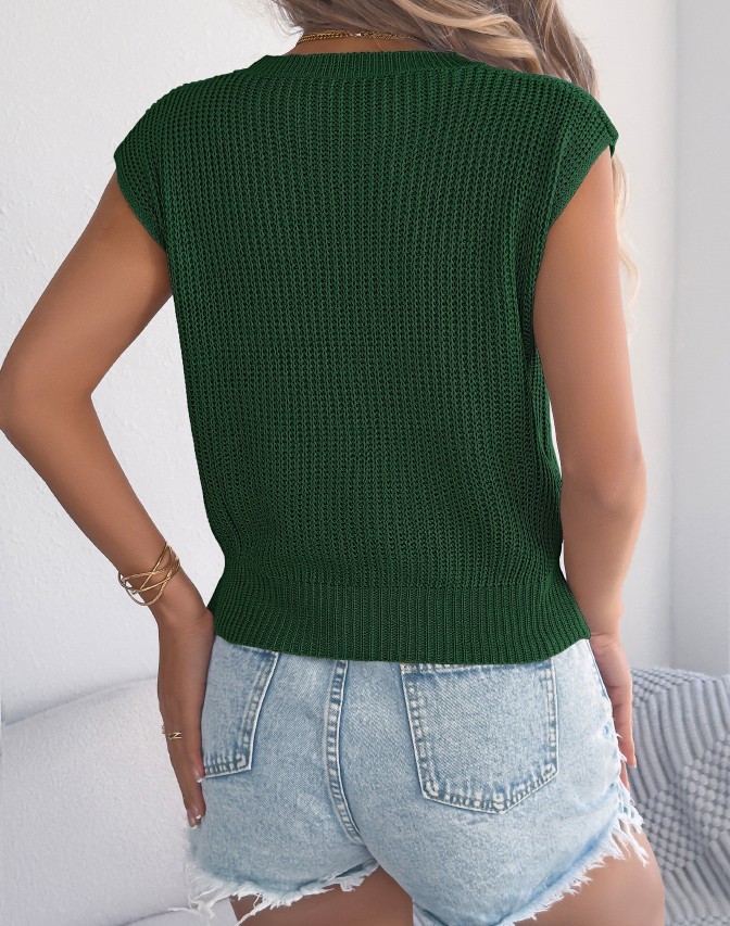 Casual Round Neck Batwing Sleeveless Cable Knit Cropped Sweater Top