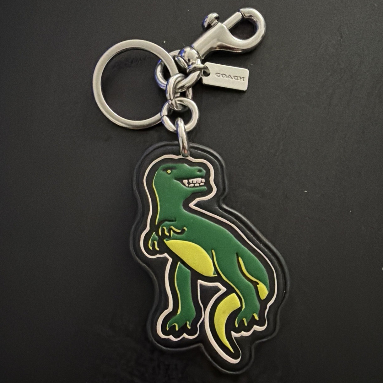 Coach Dinosaur Key Chain Keyring Leather/Metal Green Black Silver Yellow