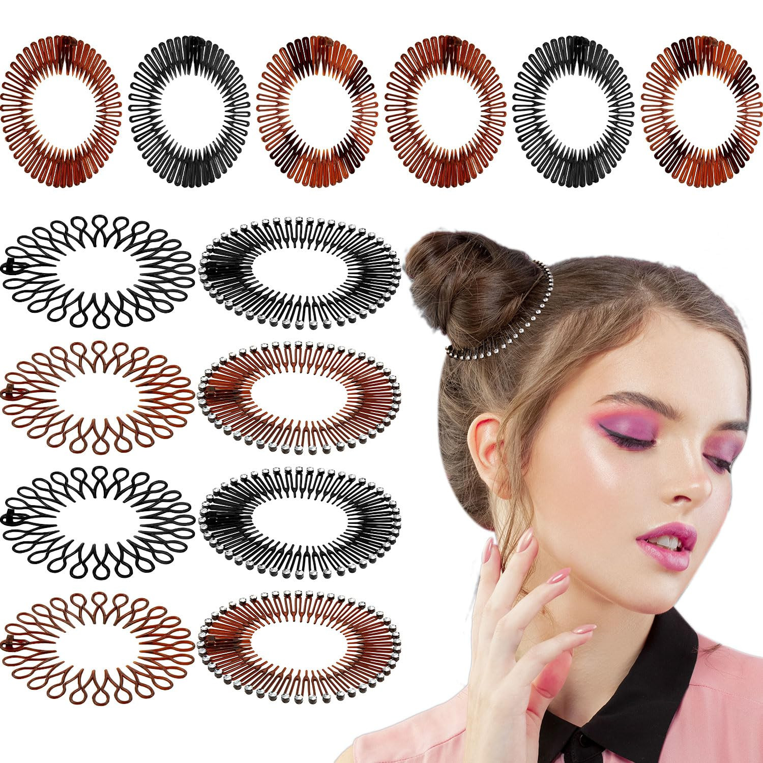 14 Pcs Flexible Circle Headbands Circular Stretch Comb with Tooth Comb Zig Zag P