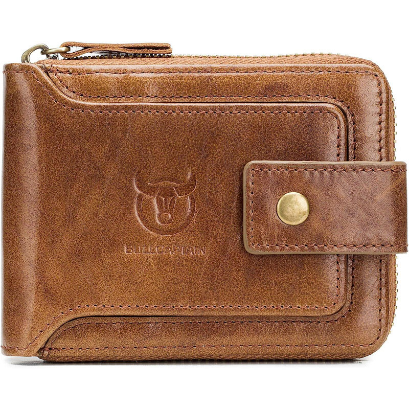 Mens Genuine Leather Zipper Wallet RFID Blocking Bifold Zip Around Card Holder A