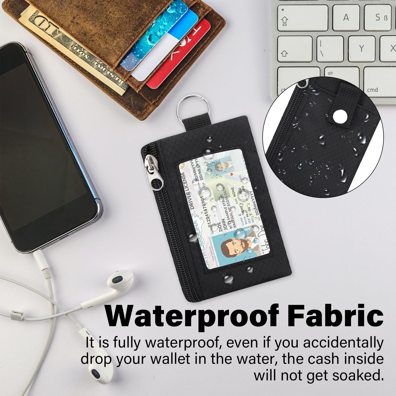 Minimalist RFID Wallet with Lanyard, MultiFunctional ID Case with 2 Zipper Po…