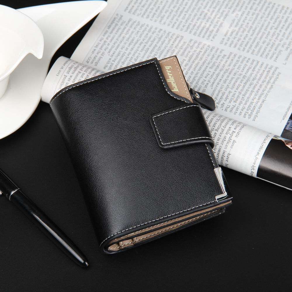 Mens Leather Trifold Wallet Short Purse with Hasp Zipper Pocket Muli-card Holder
