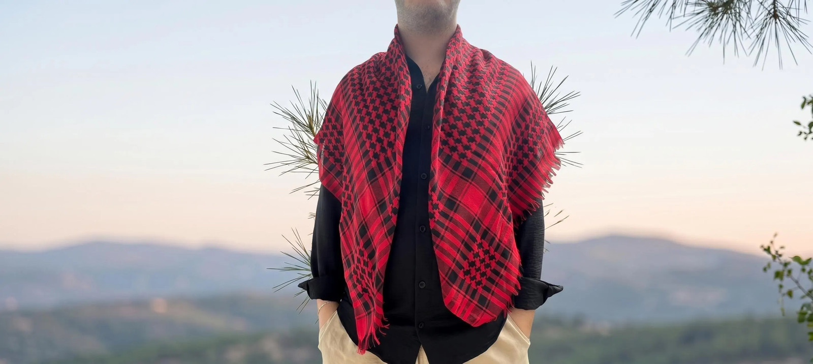 Authentic Red Black Cotton Keffiyeh Traditional Scarf Shawl Handmade Unique