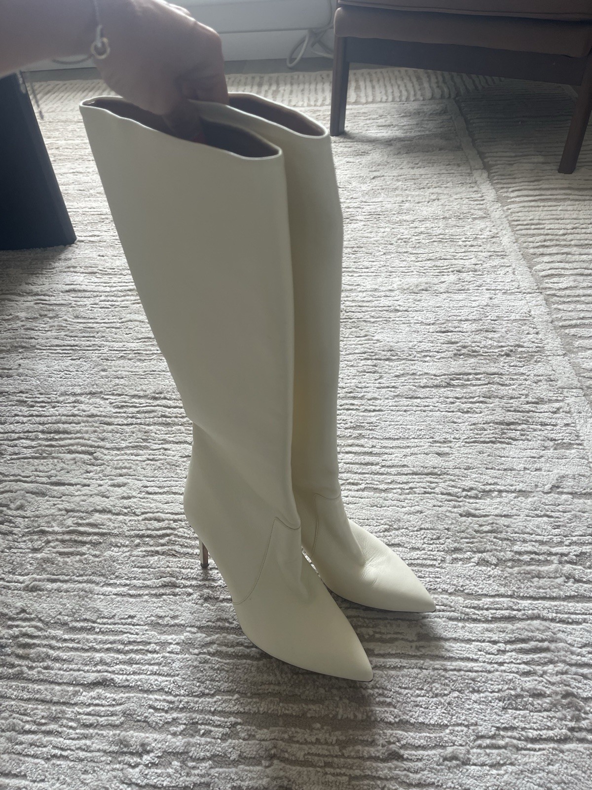 Paris Texas Women’s White Leather Knee High Boots Pointed Toe Stiletto US 9