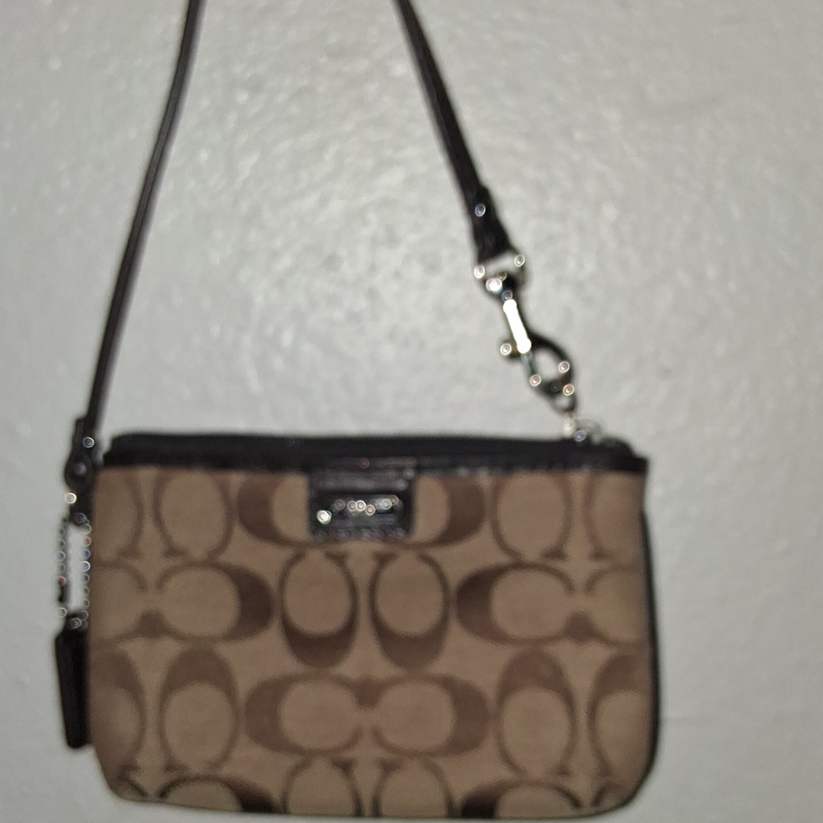 Coach Signature Logo Zip Wristlet Clutch, Small Beige Brown, Silver HW