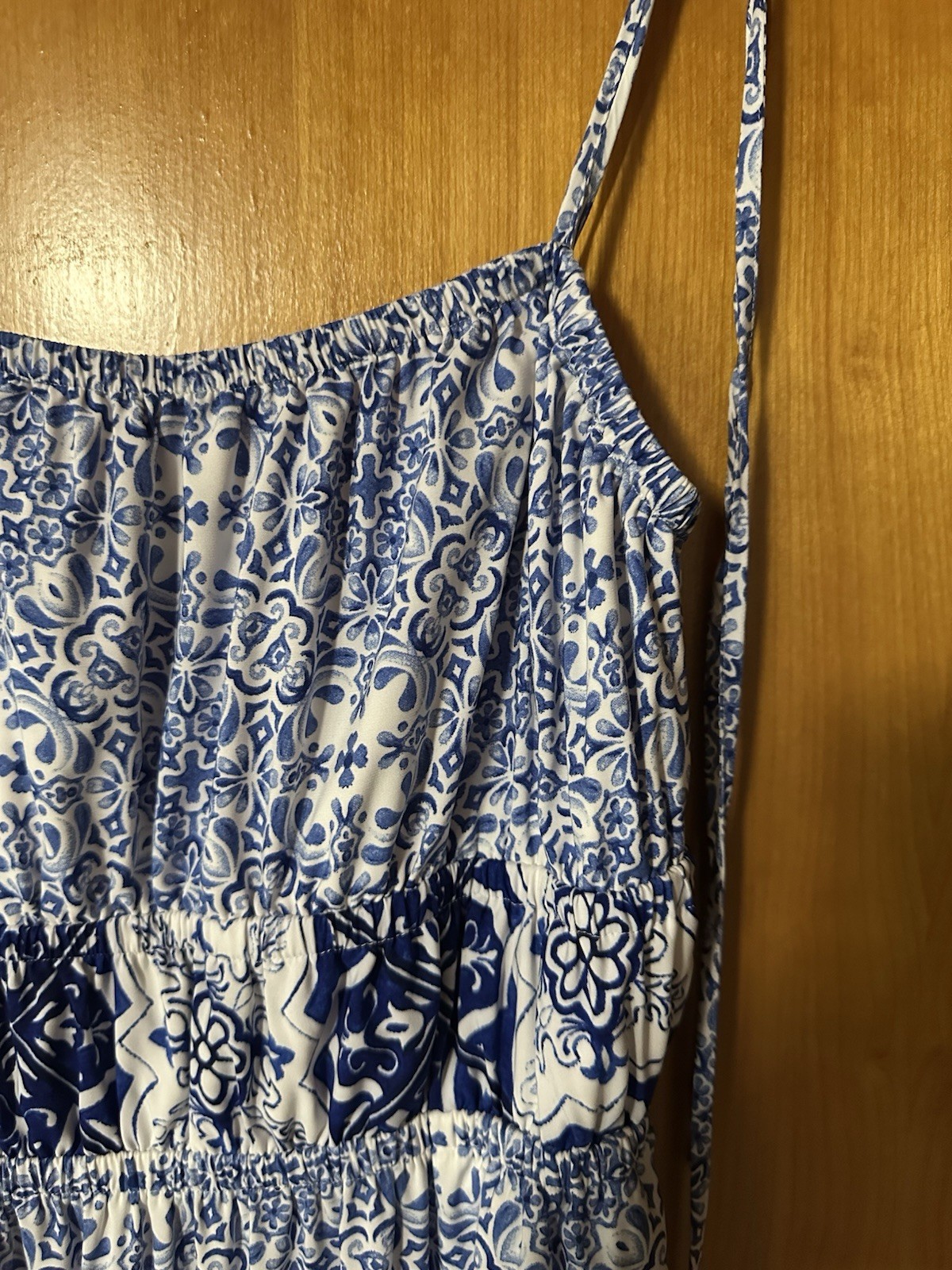 Express Women’s Blue White Mediterranean Spaghetti Strap Tie Maxi Pockets S