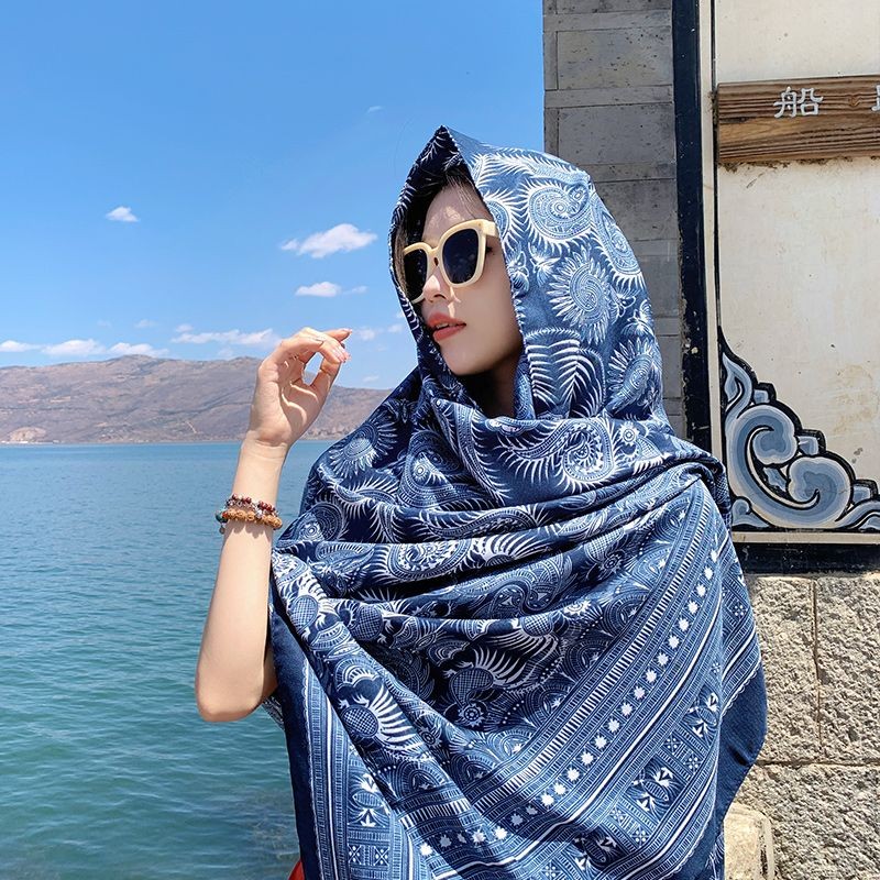 Ethnic Cotton Linen Scarf Shawl Wrap Warm Cover for Spring Fall Travel Photo