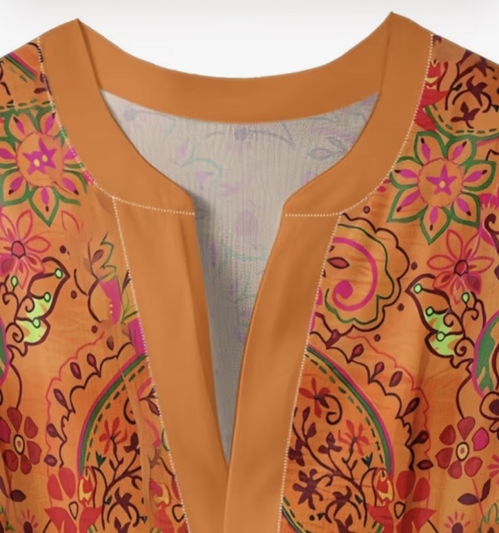 2XL Orange Floral Bohemian Tunic Blouse with Ruffle 3/4 Sleeves for Women