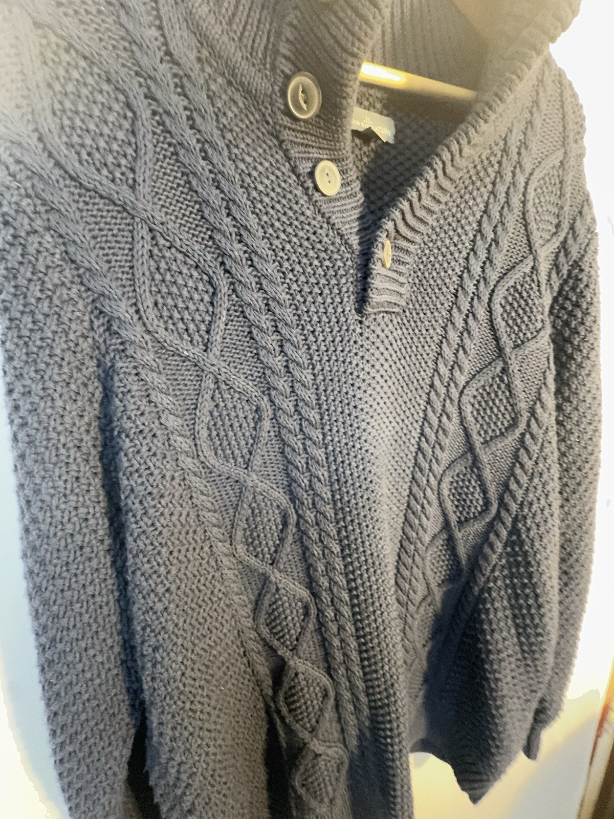 LL Bean Signature Fisherman Sweater XL Navy Cable Knit Shawl Collar