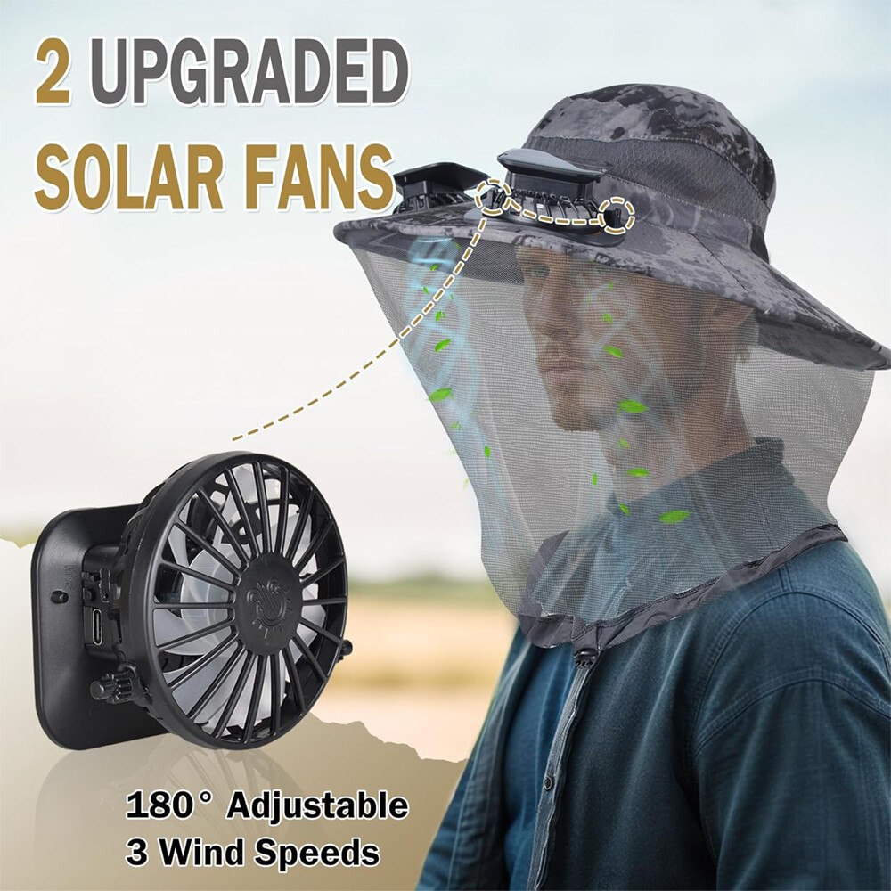 Solar Fan Hat With Mosquito Net Men Wide Brim Fishing Outdoor Bucket Sun Hat Cap