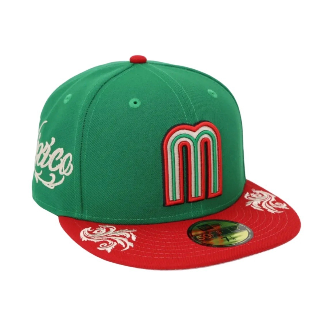 New Era 59Fifty Green/Red Mexico Wordmark Script Gray Under Visor – NWT – 7 1/8