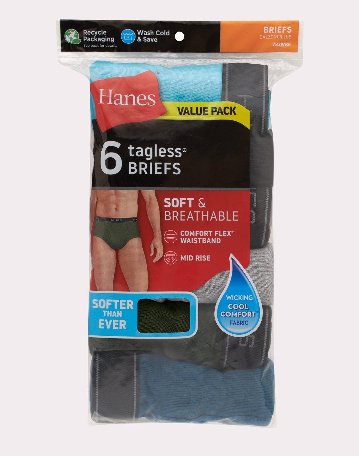 Hanes Men’s 6-Pack Brief Underwear Mid Rise Tagless Wicking Comfort Flex Waist