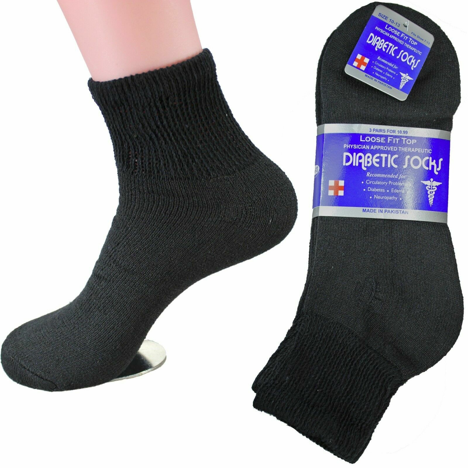 6 Pairs Black Diabetic Ankle Quarter Crew Socks Health Circulatory Cotton Men’s